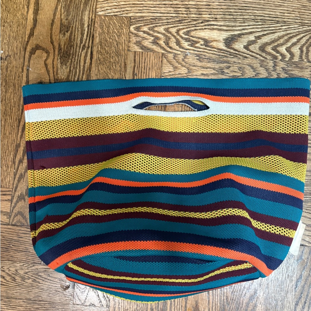 Adolfo Dominguez Teal, Yellow, Orange & Burgundy Striped Crossbody Tote